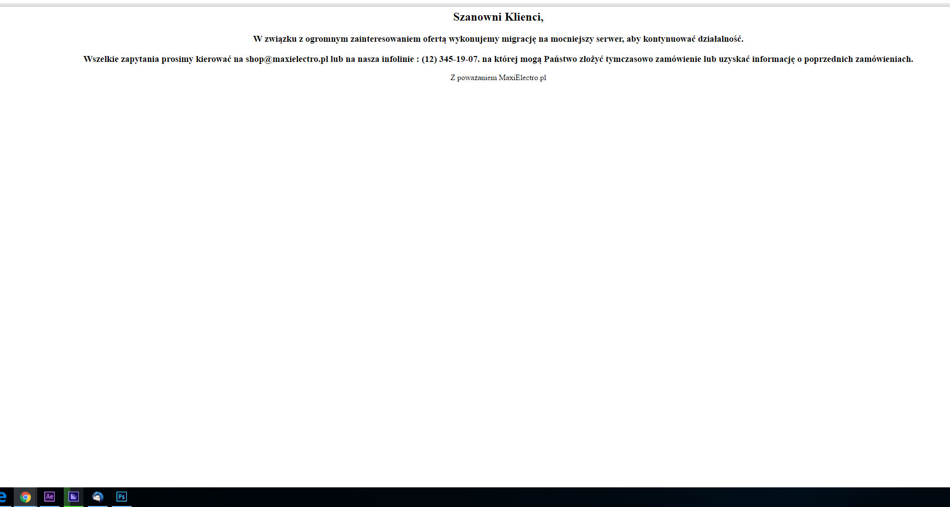 Witryna Maxielectro.pl na dzień 10.03.2016 r. z niedziałającym numerem telefonu